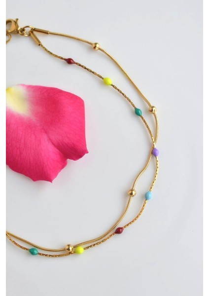 Multicolor Çok Renkli Iki Sıralı Topçuklu Çelik Halhal Gold Renk fiyatları