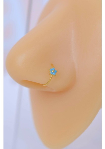 925 Ayar Gümüş Firuze Mavi Çiçekli Halka Hızma Gold