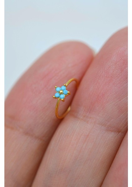 925 Ayar Gümüş Firuze Mavi Çiçekli Halka Hızma Gold fiyatları