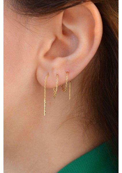 Uzun Zincir Küpe Geçmeli İncecik Zincir Küpe Dolanan Model Gold Renk modelleri