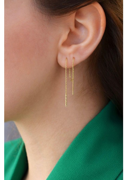 Uzun Zincir Küpe Geçmeli İncecik Zincir Küpe Dolanan Model Gold Renk fırsatları