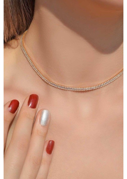Gold Renk Baget Zirkon Taşlı Su Yolu Choker Kolye