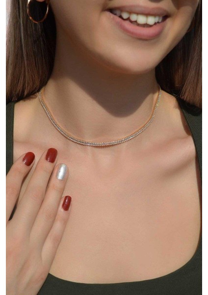 Gold Renk Baget Zirkon Taşlı Su Yolu Choker Kolye modelleri