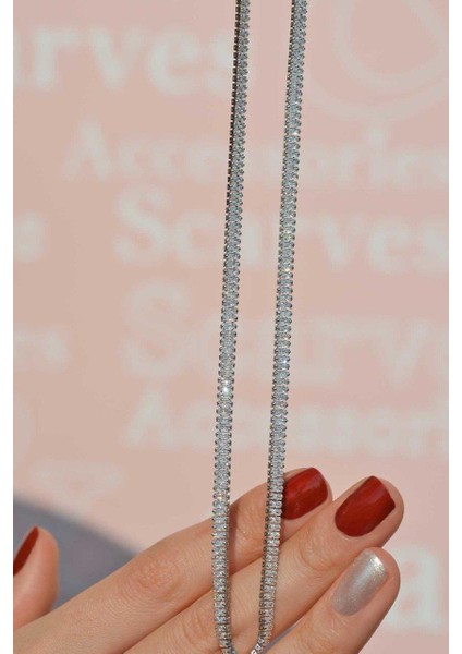Gümüş Renk Baget Zirkon Taşlı Su Yolu Choker Kolye