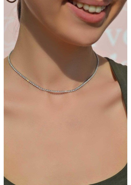 Gümüş Renk Zirkon Taşlı Su Yolu Choker Kolye 2 mm