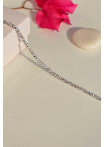 Gümüş Renk Zirkon Taşlı Su Yolu Choker Kolye 2 mm fiyatları