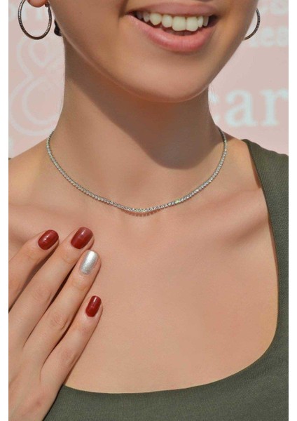 Gümüş Renk Zirkon Taşlı Su Yolu Choker Kolye 2 mm modelleri