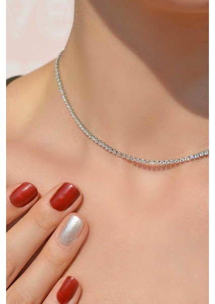 Gümüş Renk Zirkon Taşlı Su Yolu Choker Kolye 2 mm fırsatları