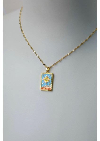 Renkli Güneş Tarot Kolye The Sun Çelik Dikdörtgen Güneş Figürlü Gold Renk