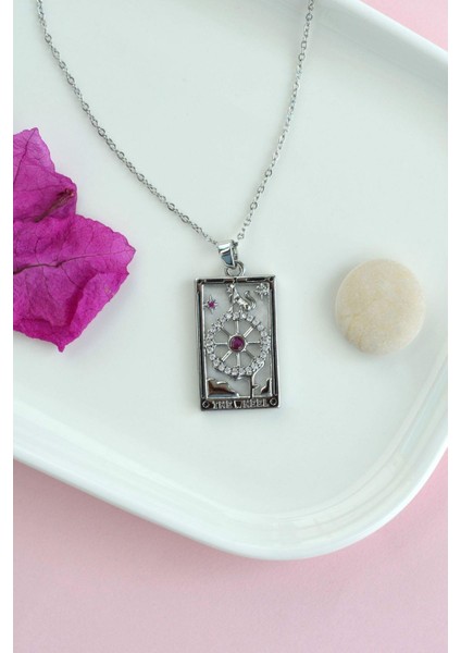 Çelik Kader Şans Kolye Tarot Kolye Şans Sembolü Gümüş Renk