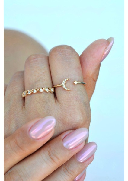 Sıralı Kalp ve Ay Yıldızlı Yüzük Ayarlanabilir Eklem Yüzüğü Ince Yüzük Seti Gold