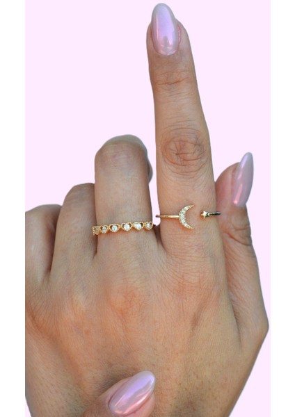 Sıralı Kalp ve Ay Yıldızlı Yüzük Ayarlanabilir Eklem Yüzüğü Ince Yüzük Seti Gold fiyatları
