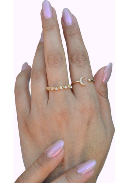 Sıralı Kalp ve Ay Yıldızlı Yüzük Ayarlanabilir Eklem Yüzüğü Ince Yüzük Seti Gold modelleri