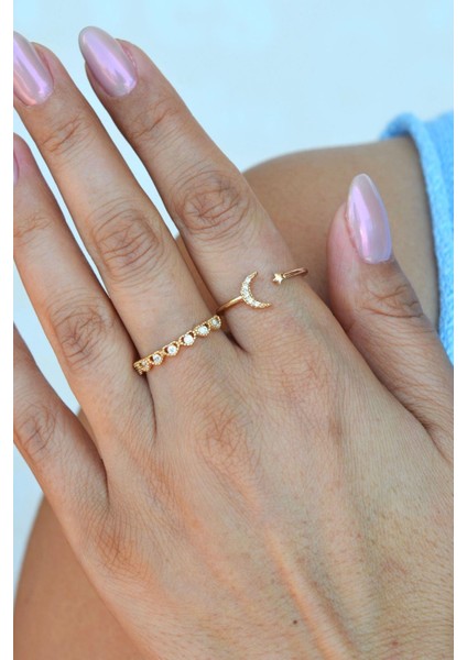 Sıralı Kalp ve Ay Yıldızlı Yüzük Ayarlanabilir Eklem Yüzüğü Ince Yüzük Seti Gold fırsatları