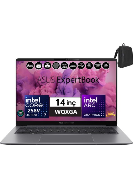 Expertbook P5405CSA-WI7321TBS0D Intel Ultra 7 258V Aı 32GB 4tb SSD Arc 140V Freedos 14" Wqxga 400NIT IPS Taşınabilir Bilgisayar WI7321TBS0D03+ZETTAÇANTA