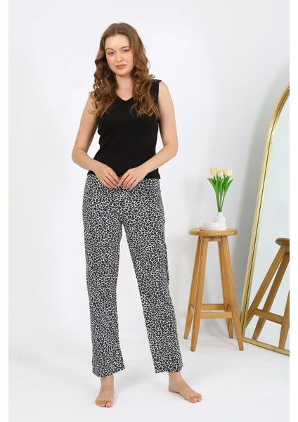 Kadın Penye Leopar Desenli Tek Alt Pijama 27536 Gri