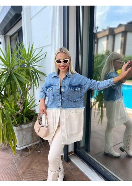 Saç Örgü Detaylı Triko Denim Ceket