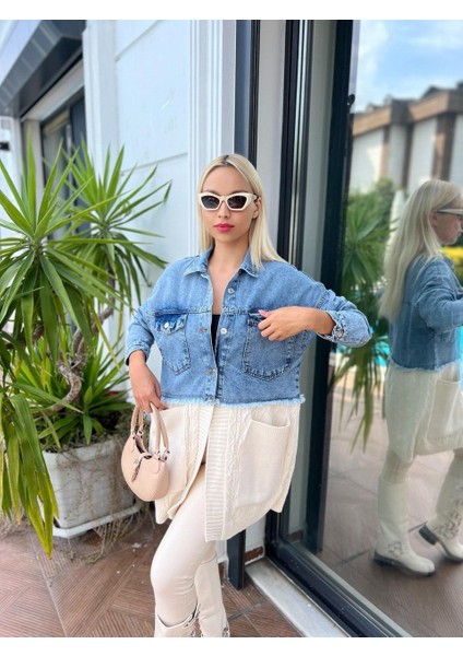 Saç Örgü Detaylı Triko Denim Ceket fiyatları
