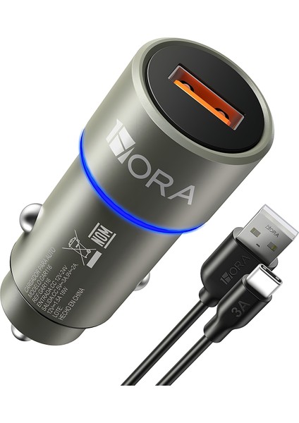 GAR116 Qc3.0 Alüminyum Güvenlik Çekici Araç Şarj Aleti - 18W Hızlı Şarj - Çift Fonksiyonlu USB Şarj ve Güvenlik Çekici - Siyah