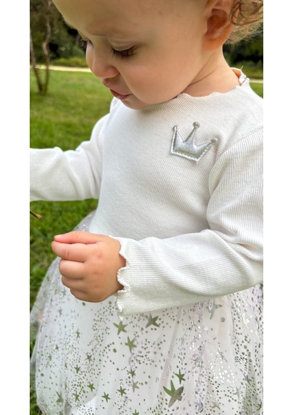 ALYRA Kız Çocuk Beyaz Elbise Bebek Uzun Kollu Tüllü Tütü Yıldızlı Astarlı Özel Gün Parti Doğum Günü Günlük Bayramlık Triko Elbise Çocuk Giyim ALY0380