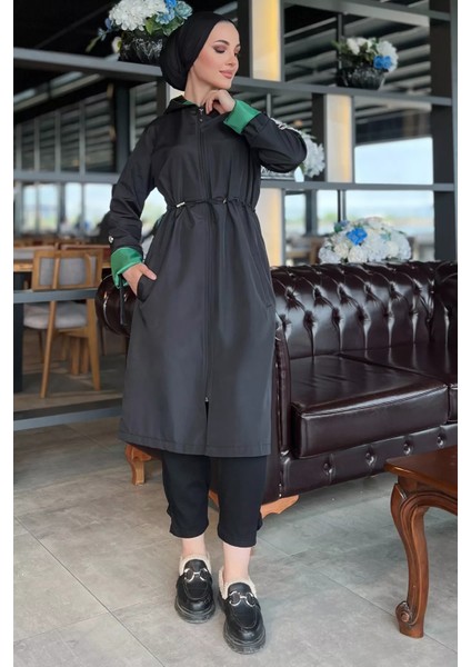 Kadın Tesettür Kapüşonlu Bel Lastikli Trençkot P-00005911