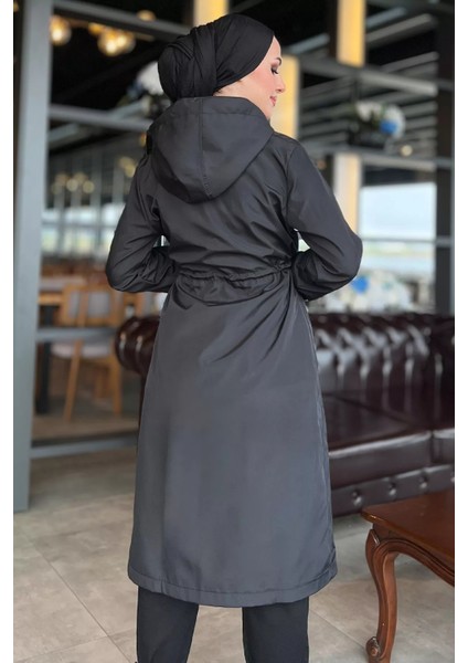 Kadın Tesettür Kapüşonlu Bel Lastikli Trençkot P-00005911 fırsatları