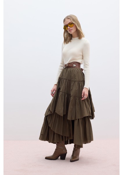 Katlı Boho Vual Etek Haki