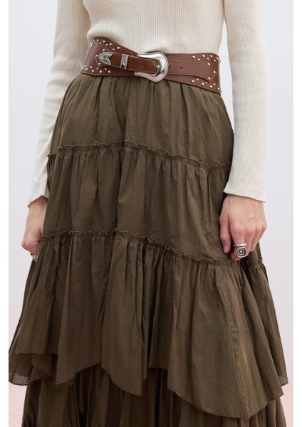 Katlı Boho Vual Etek Haki