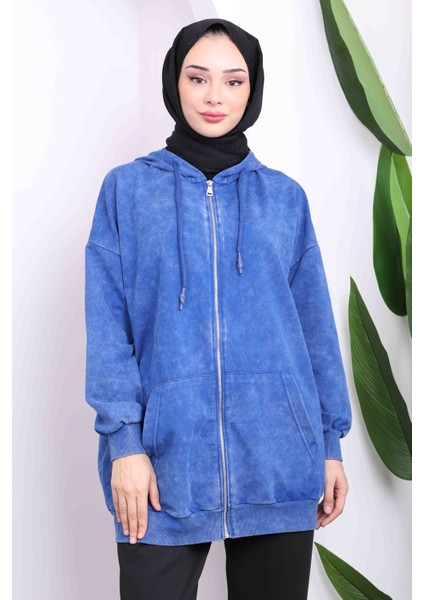 Saks Mavi Kapüşonlu Fermuarlı Cepli Hırka modelleri
