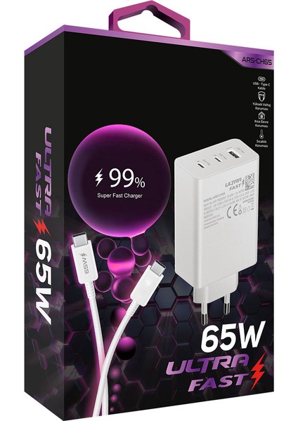 CH65 65W 2 Pd + 1 USB Çıkışlı Ultra Hızlı Şarj Cihazı + Pd Kablo