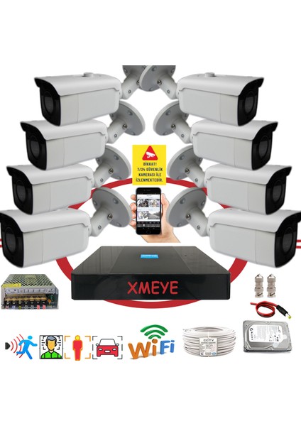 8 Kameralı Araç Yüz ve İnsan Tanımalı Hareket Algılayan 5 MP Lens 24 SMD LED Metal Kasa Güvenlik Kamerası Seti BS_224