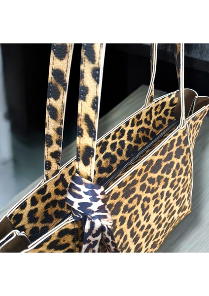Kadın Büyük Boy Kaliteli Omuz Çantası Fular Detaylı ve Leopar Desenli - Turuncu Cüzdan Hediyeli fırsatları