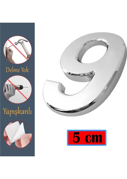 Kapı Numarası Yapışkanlı Küçük Boy 50 mm 5 cm Numara 9 Rakam Dokuz Sayı Krom Renk Numaralar 1 Adet