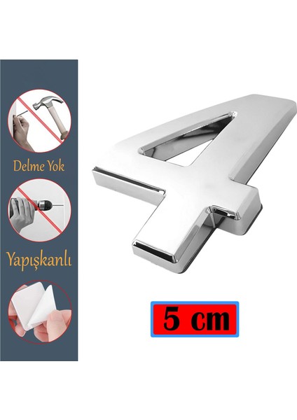 Kapı Numarası Yapışkanlı Küçük Boy 50 mm 5 cm Numara 4 Rakam Dört Sayısı Krom Renk Numaralar 1 Adet