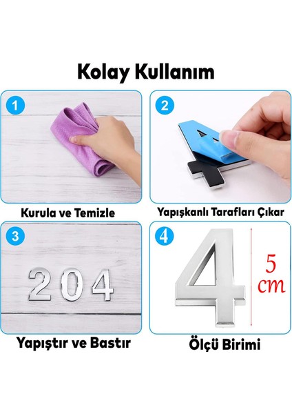 Kapı Numarası Yapışkanlı Küçük Boy 50 mm 5 cm Numara 4 Rakam Dört Sayısı Krom Renk Numaralar 1 Adet