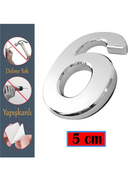 Kapı Numarası Yapışkanlı Küçük Boy 50 mm 5 cm Numara 6 Rakam Altı Sayısı Krom Renk Numaralar 1 Adet