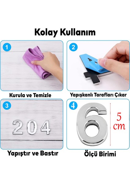 Kapı Numarası Yapışkanlı Küçük Boy 50 mm 5 cm Numara 6 Rakam Altı Sayısı Krom Renk Numaralar 1 Adet