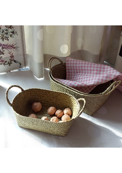 El Yapımı Dokuma Saklama Sepeti Pipetli Gıda Kabı Makyaj Düzenleyici Rattan Ekmek Meyvesi Kasası Tutucu (S,24X15X9CM) (Yurt Dışından)