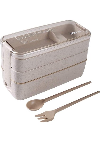 Japon Öğle Yemeği Kutusu Bento, 3'ü 1 Arada Bölme, Buğday Samanı, Çevre Dostu Yemek Hazırlama Kapları Bej (Yurt Dışından)