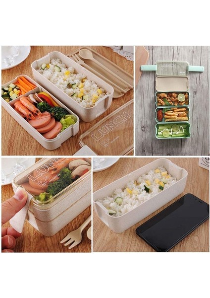Japon Öğle Yemeği Kutusu Bento, 3'ü 1 Arada Bölme, Buğday Samanı, Çevre Dostu Yemek Hazırlama Kapları Bej (Yurt Dışından)