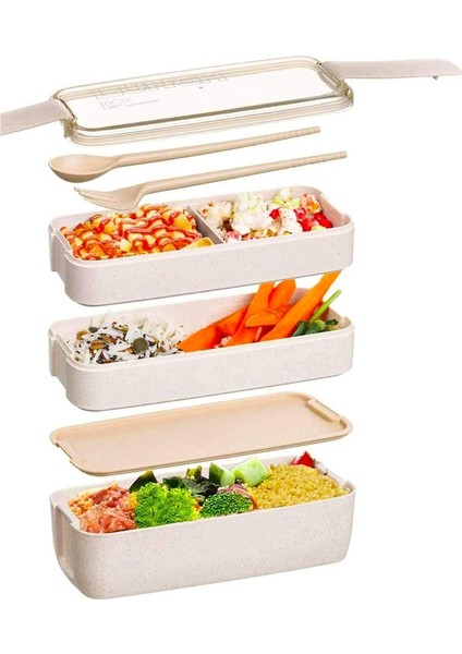 Japon Öğle Yemeği Kutusu Bento, 3'ü 1 Arada Bölme, Buğday Samanı, Çevre Dostu Yemek Hazırlama Kapları Bej (Yurt Dışından)