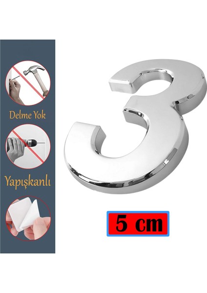 Kapı Numarası Yapışkanlı Küçük Boy 50 mm 5 cm Numara 3 Rakam Üç Sayısı Krom Renk Numaralar 1 Adet
