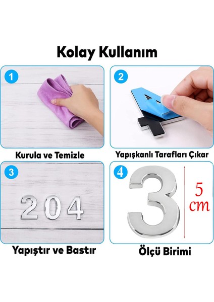 Kapı Numarası Yapışkanlı Küçük Boy 50 mm 5 cm Numara 3 Rakam Üç Sayısı Krom Renk Numaralar 1 Adet fiyatları