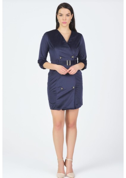 Lacivert Kruvaze Yaka Truvakar Kollu Fitilli Kadife Kemerli Ceket Elbise Kışlık fiyatları