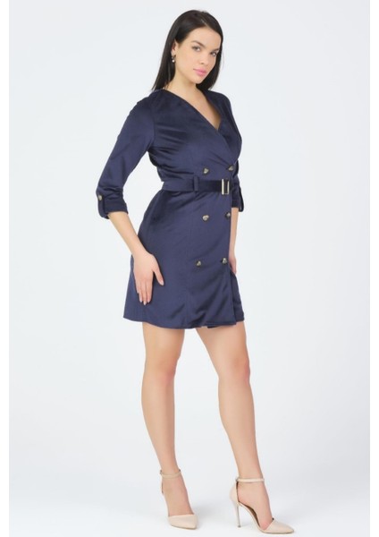 Lacivert Kruvaze Yaka Truvakar Kollu Fitilli Kadife Kemerli Ceket Elbise Kışlık modelleri