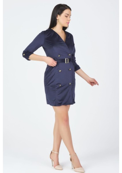 Lacivert Kruvaze Yaka Truvakar Kollu Fitilli Kadife Kemerli Ceket Elbise Kışlık fırsatları