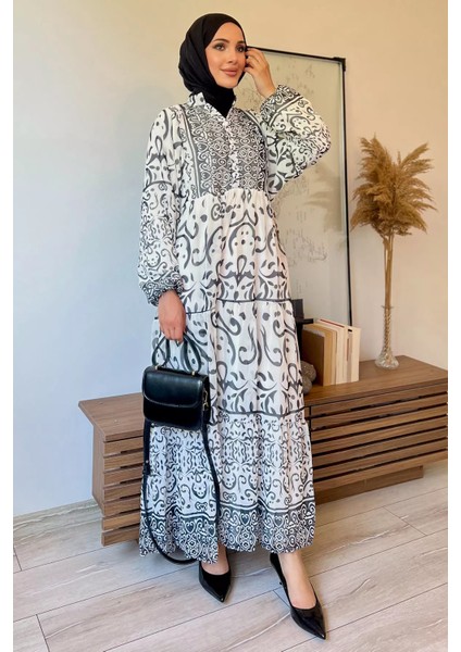 Yarım Düğmeli Astarlı Desenli Şifon Elbise P-00009397