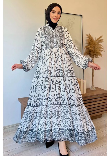 Yarım Düğmeli Astarlı Desenli Şifon Elbise P-00009397