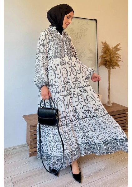Yarım Düğmeli Astarlı Desenli Şifon Elbise P-00009397