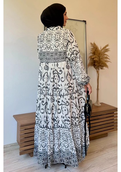 Yarım Düğmeli Astarlı Desenli Şifon Elbise P-00009397